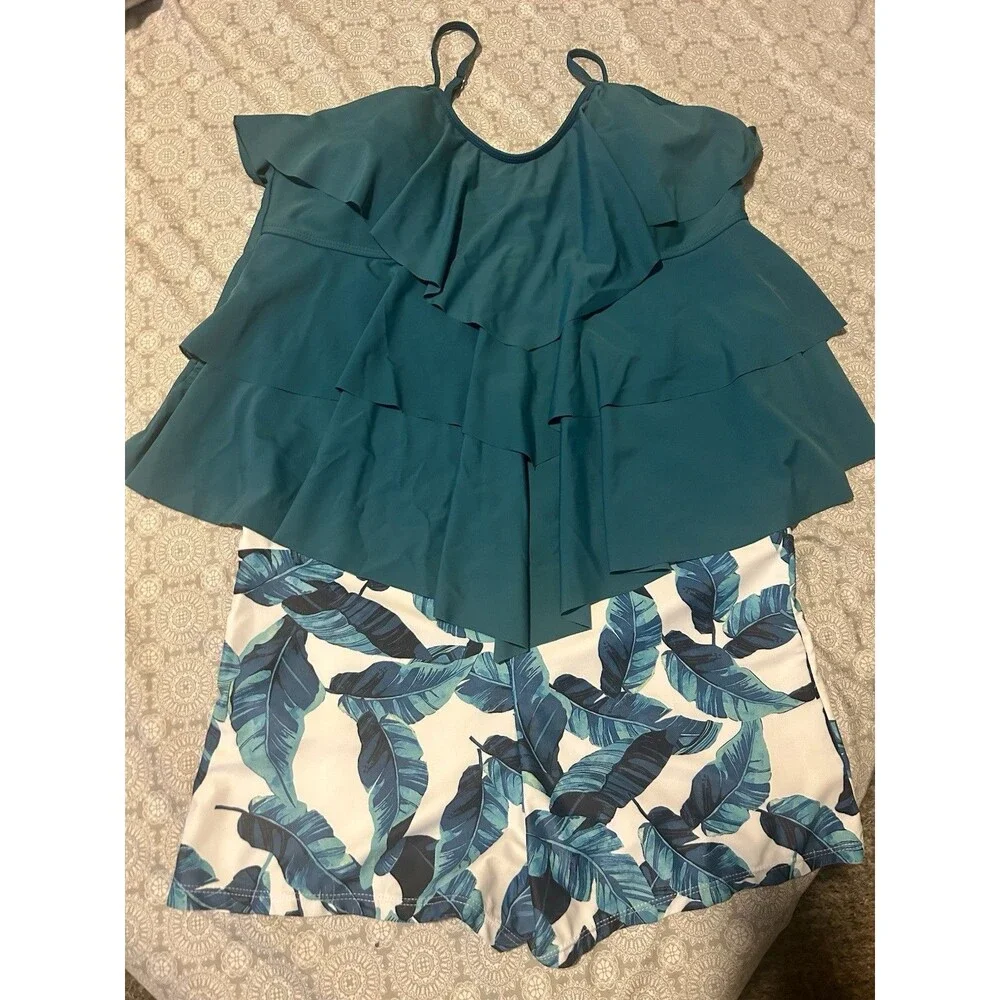 Tiered Ruffle Tankini Aqua Green With Bottom Shorts Size 4X